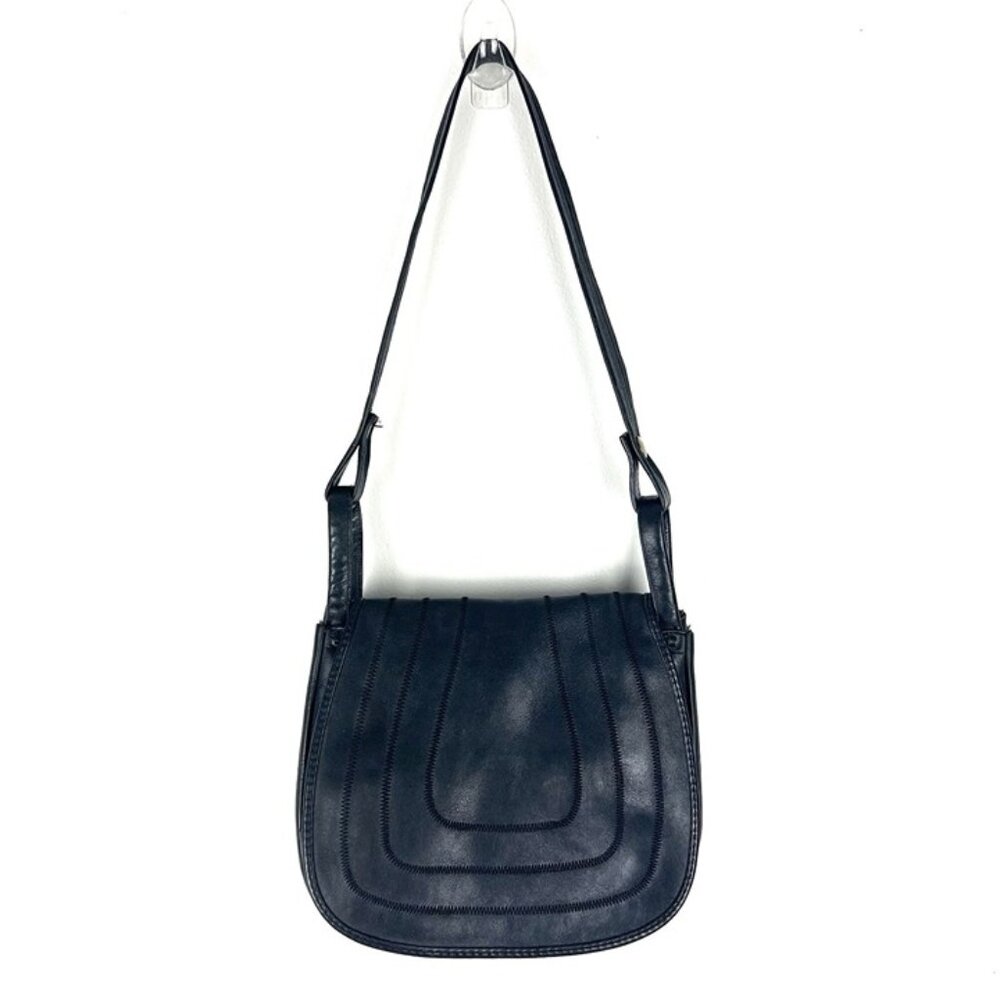 Vintage Navy Blue Leather Shoulder Bag Medium Horseshoe Shape Western Boho Rodeo